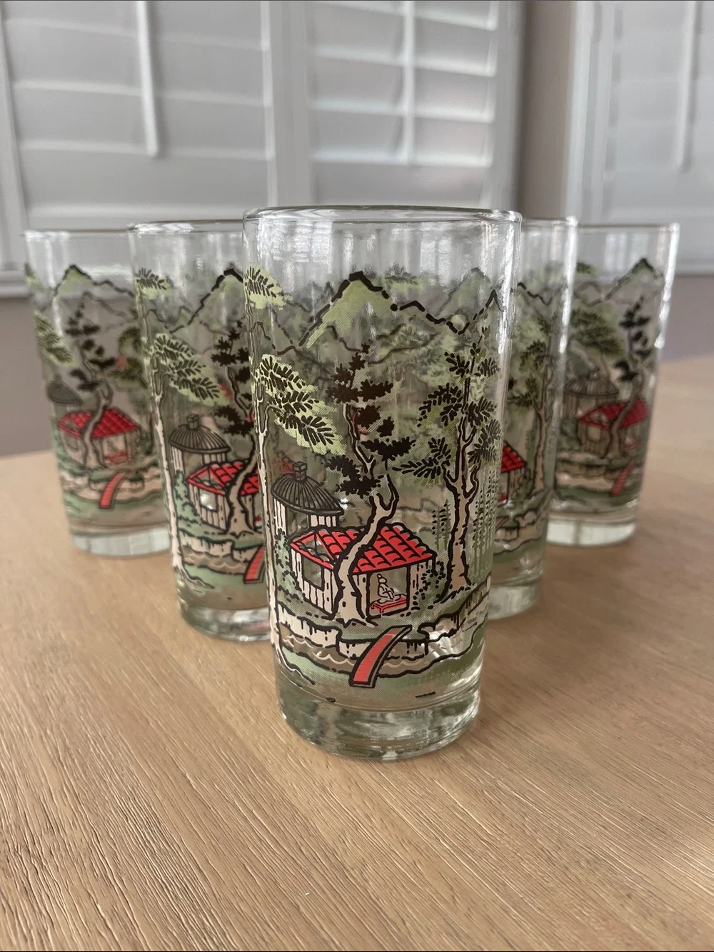 Vintage MCM Libbey “JAPANESE GARDEN” Highball  Glasses Green Tote Rack Set of 7